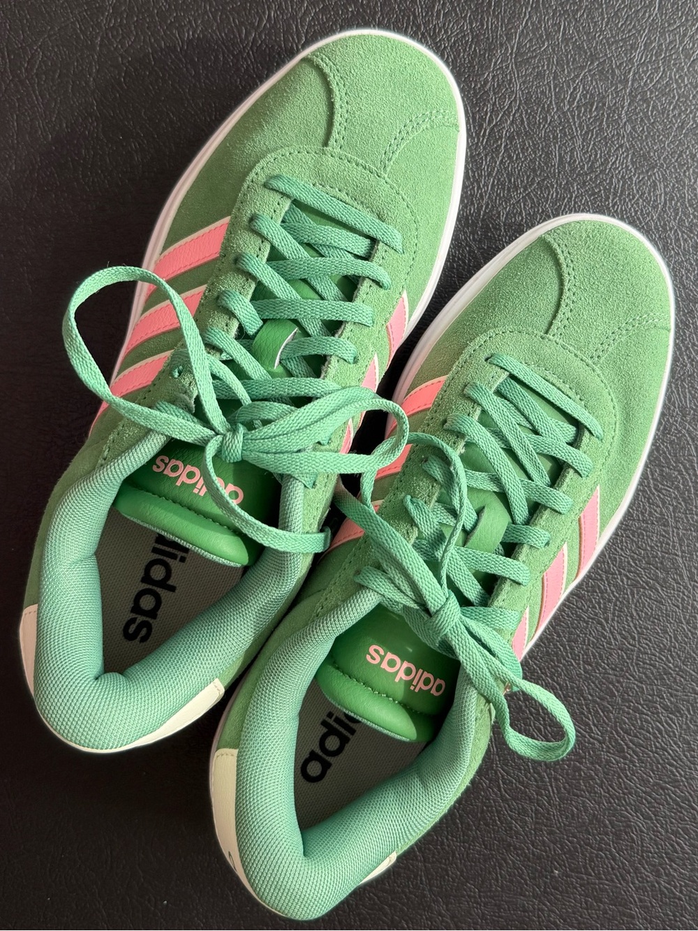 ADIDAS Green Suede Sneakers with Pink Stripes Size 8